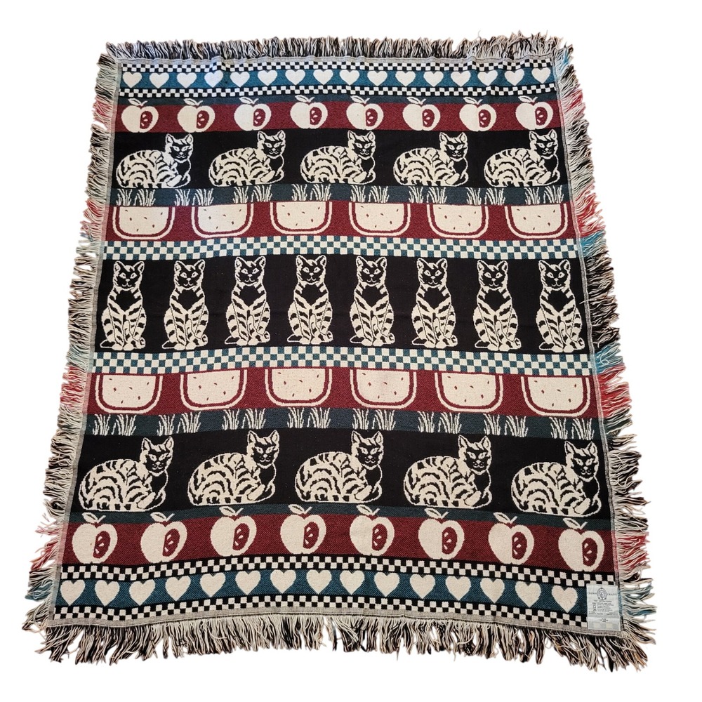 Crown Crafts 60x52 Throw Blanket Vintage Cat Apple Afghan Country Farmhouse USA
